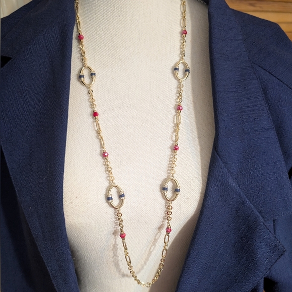 NWT The Limited Goldtone Long Necklace w/ Blue and Red Beads & Tiny Rhinestones - Picture 1 of 7